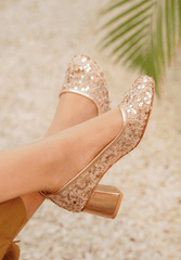 Sequin Mesh Ballet Heels Elegant Broad Toe (Golden)
