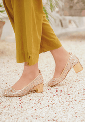 Sequin Mesh Ballet Heels Elegant Broad Toe (Golden)