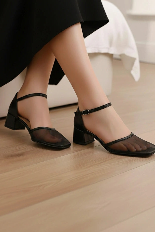 Mesh Ribbon Block Heels