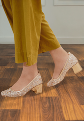 Sequin Mesh Ballet Heels Elegant Broad Toe (Golden)
